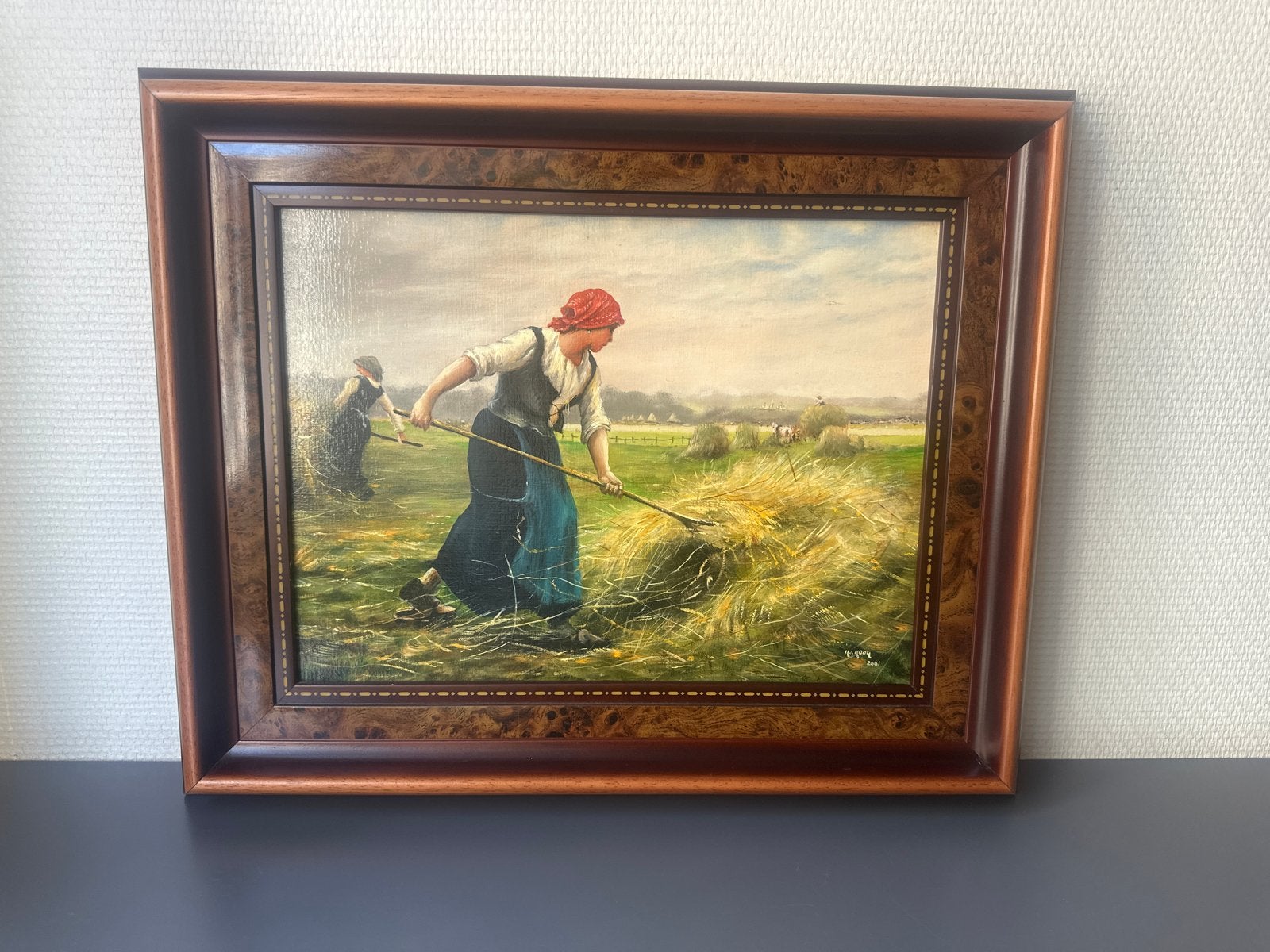 Olieverfschilderij: Hooiende boerin, gesigneerd H. Hoog, Antiek en Kunst, Ophalen, Doek, Realistisch, Gesigneerd