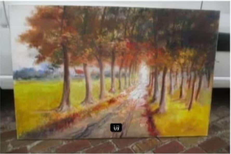 Mooi Geschilderd Werk 'Aarde Weg met Bomen' - Steel, Ophalen of Verzenden