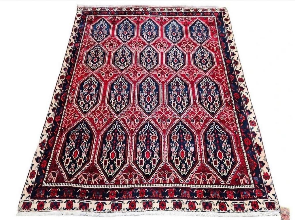 Handgeknoopt Perzisch wol Afshar tapijt medallions 142x177cm, Crème, Gebruikt, 100 tot 150 cm, Perzisch