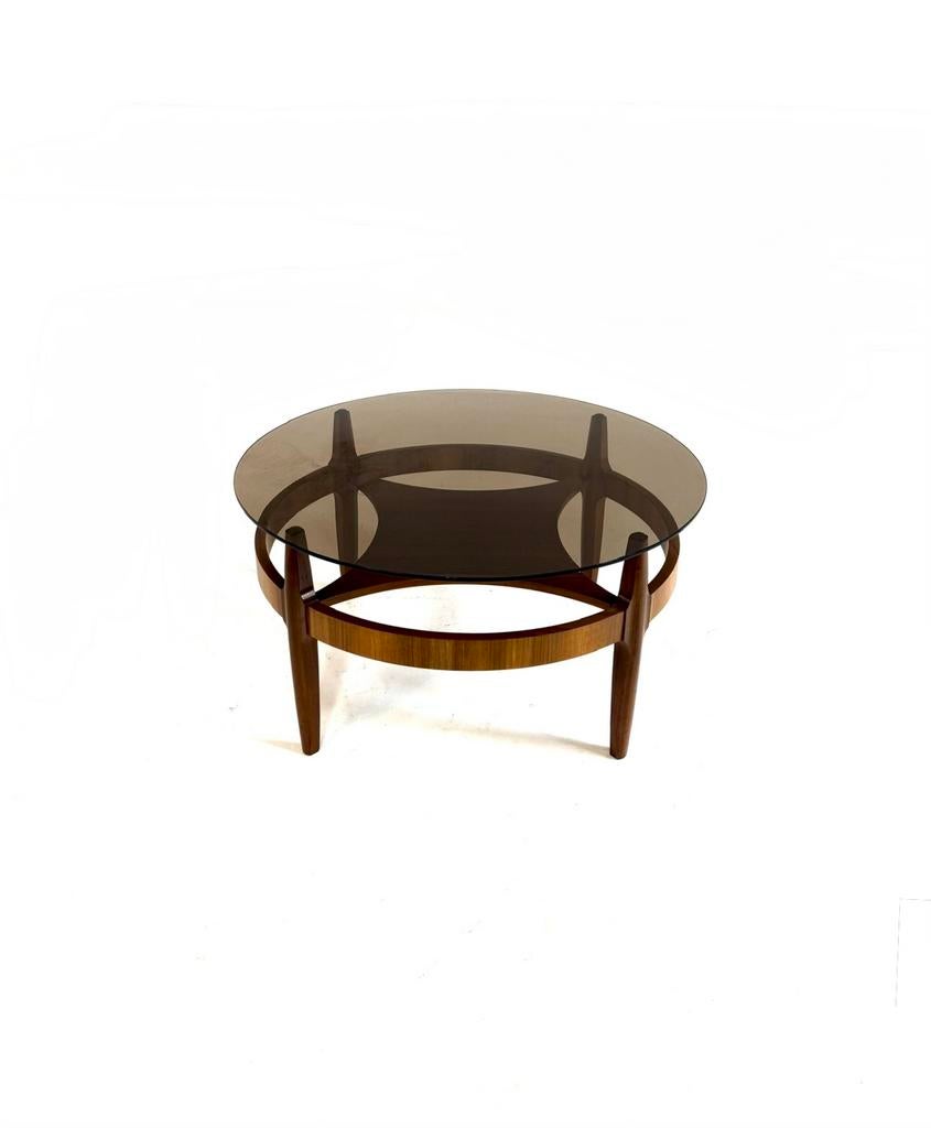 Vintage notenhouten salontafel, jaren ‘60, 50 tot 100 cm, Vintage retro buisframe design rotan webbing papercord deens, Glas, Rond
