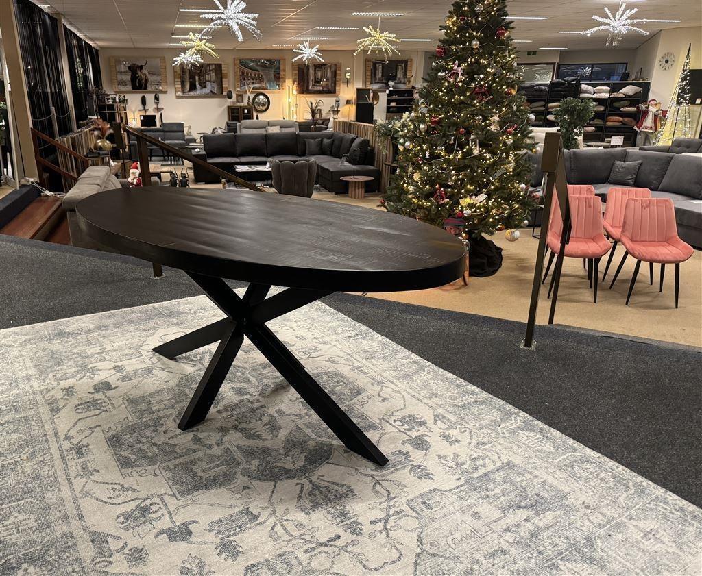 Eettafel ovaal zwart mango 160cm Direct/leverbaar E-2016(1), Overige houtsoorten, 100 tot 150 cm, Nieuw, Vijf personen of meer
