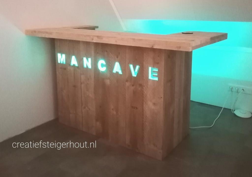 Steigerhouten bar letters MANCAVE thuisbar balie koelkast, Ophalen of Verzenden, Nieuw