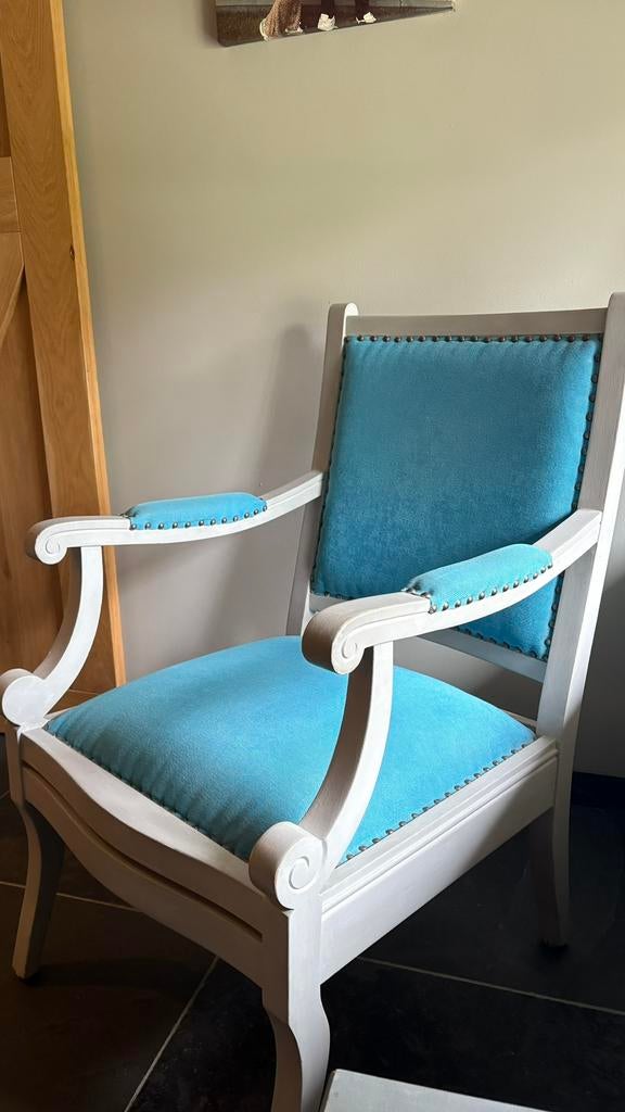 Leuk oude landelijke fauteuil ibiza blauw wit zgan, Ophalen, Wit, Stof, Eén