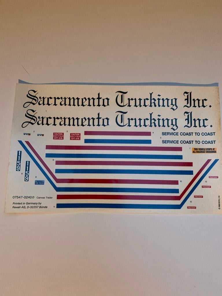 Revell Sacramento Trucking Inc. Decals, Hobby en Vrije tijd, Modelbouw | Auto's en Voertuigen, Revell, Groter dan 1:32, Ophalen of Verzenden