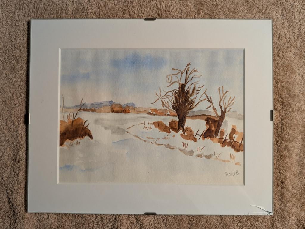 Aquarel Winterlandschap - Gesigneerd R.vdB, Antiek en Kunst, Ophalen of Verzenden