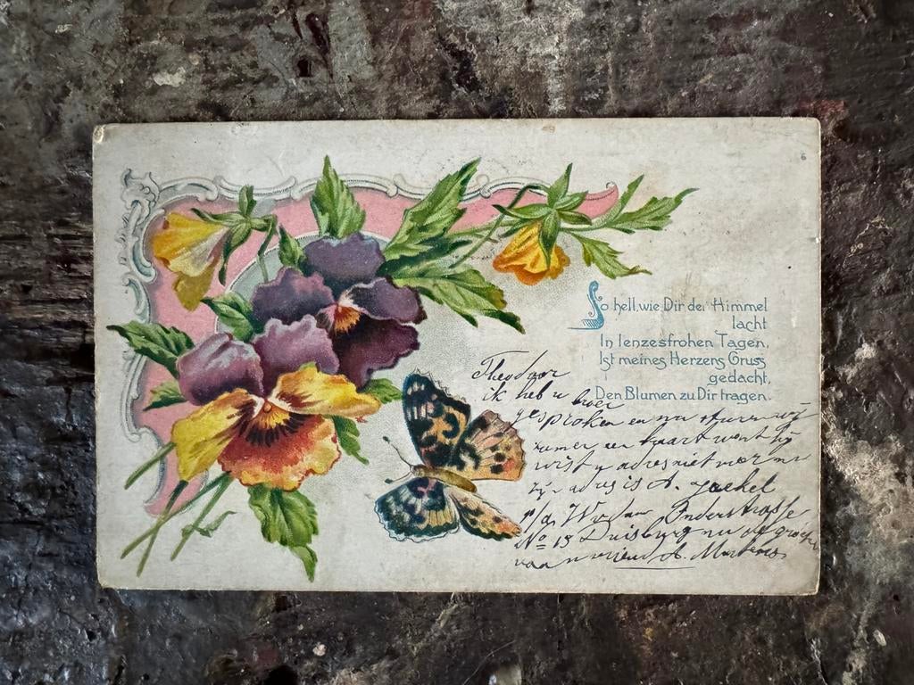 Oude kaart, bloemen vlinder, 1904, Ophalen of Verzenden, Voor 1920, Overige thema's