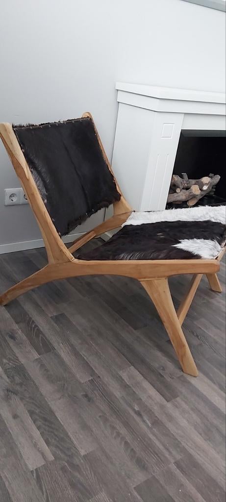 Stijlvolle fauteuil met geitenhuiden bekleding, bruin wit, Ophalen, Gebruikt, Bruin, Leer