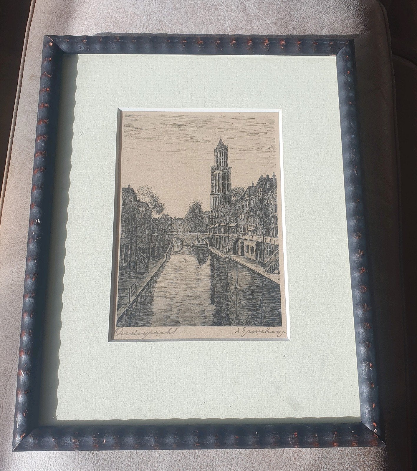 Ets Oude gracht Utrecht Domtoren J. De Wit (?), Antiek en Kunst, Ophalen