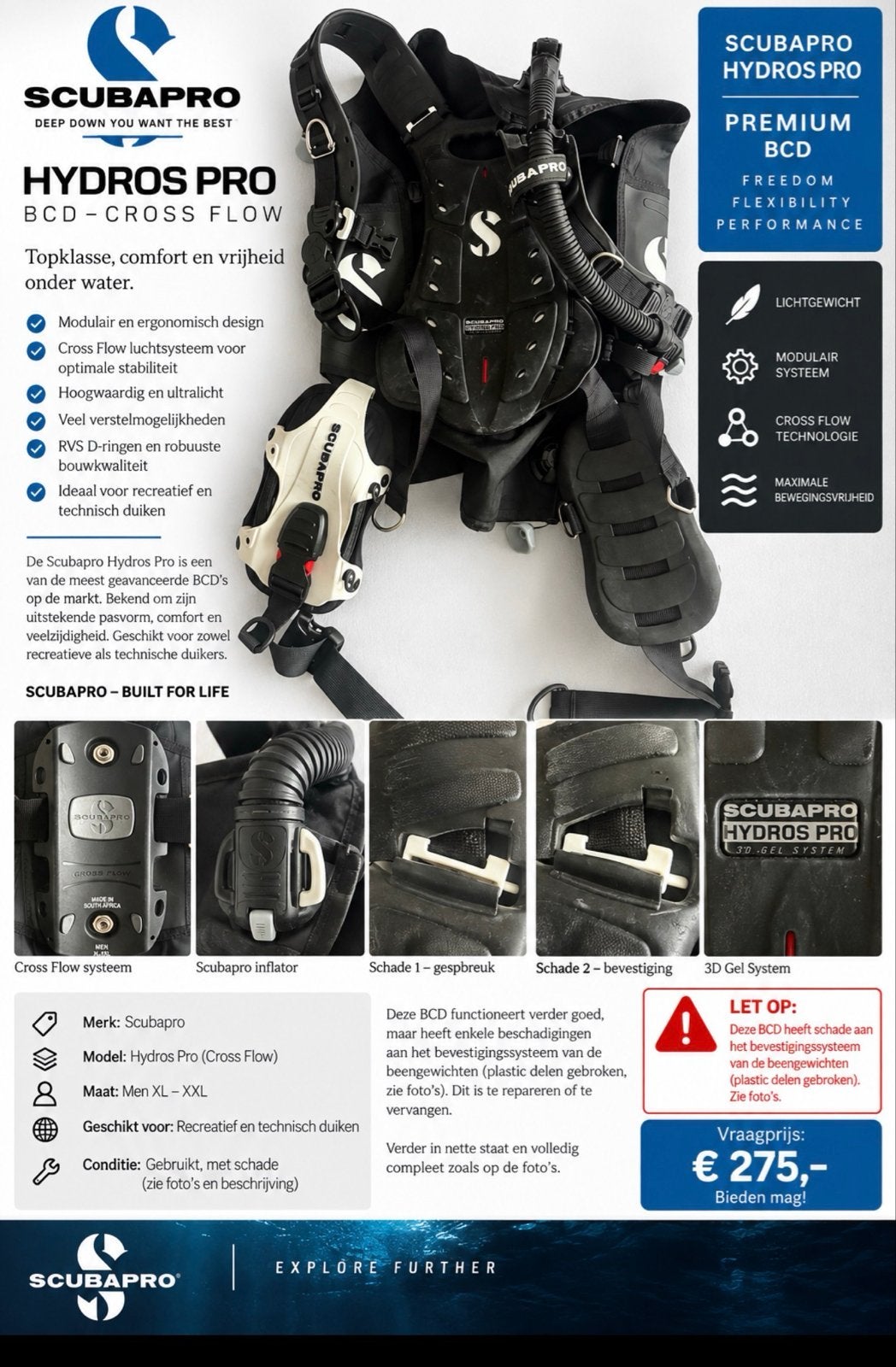 SCUBAPRO Hydros Pro BCD XL-XXL, Ophalen of Verzenden, Gebruikt, Trimvest of Wing