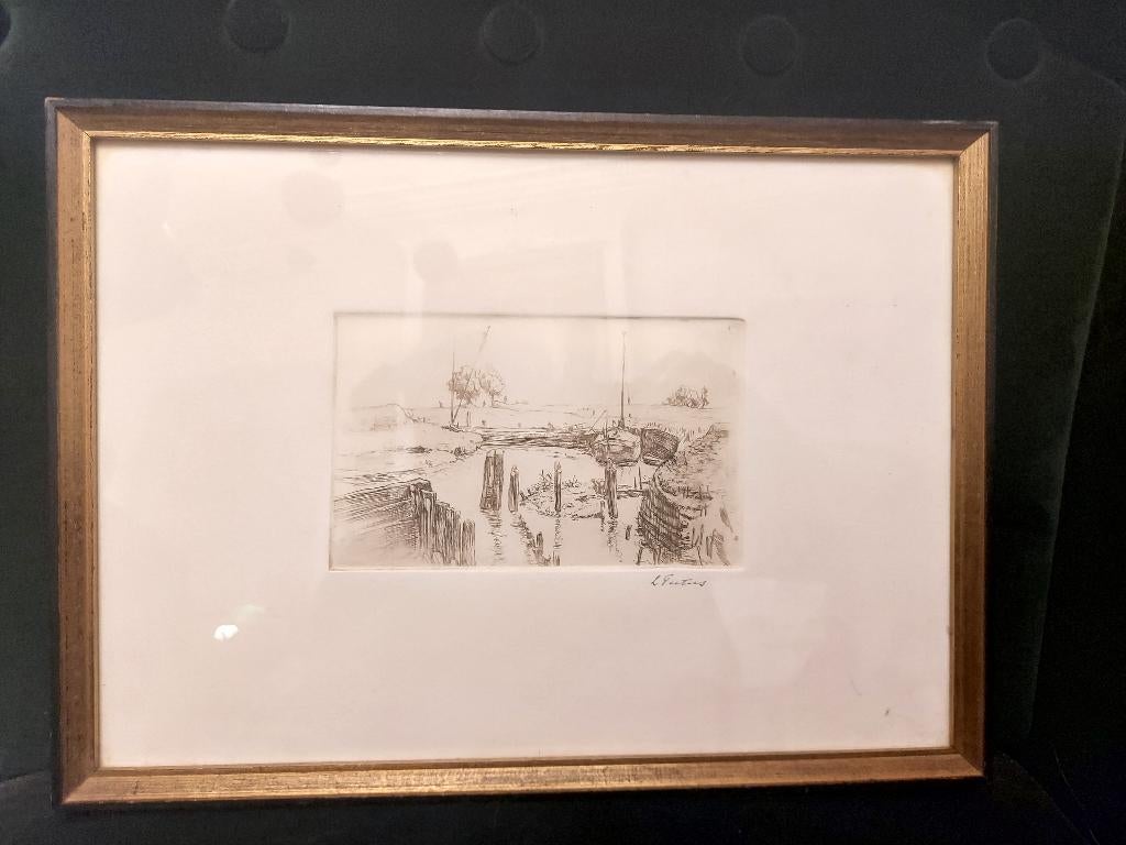 Vintage ets, kreek, sloep met zeil, Louis Peeters, Antwerpen, Antiek en Kunst, Ophalen of Verzenden