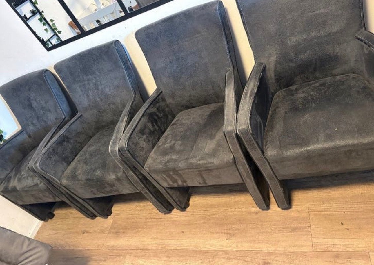 Set van 4 donkergrijze stoelen met leuningen, Huis en Inrichting, Stoelen, Ophalen, Gebruikt, Vier, Stof