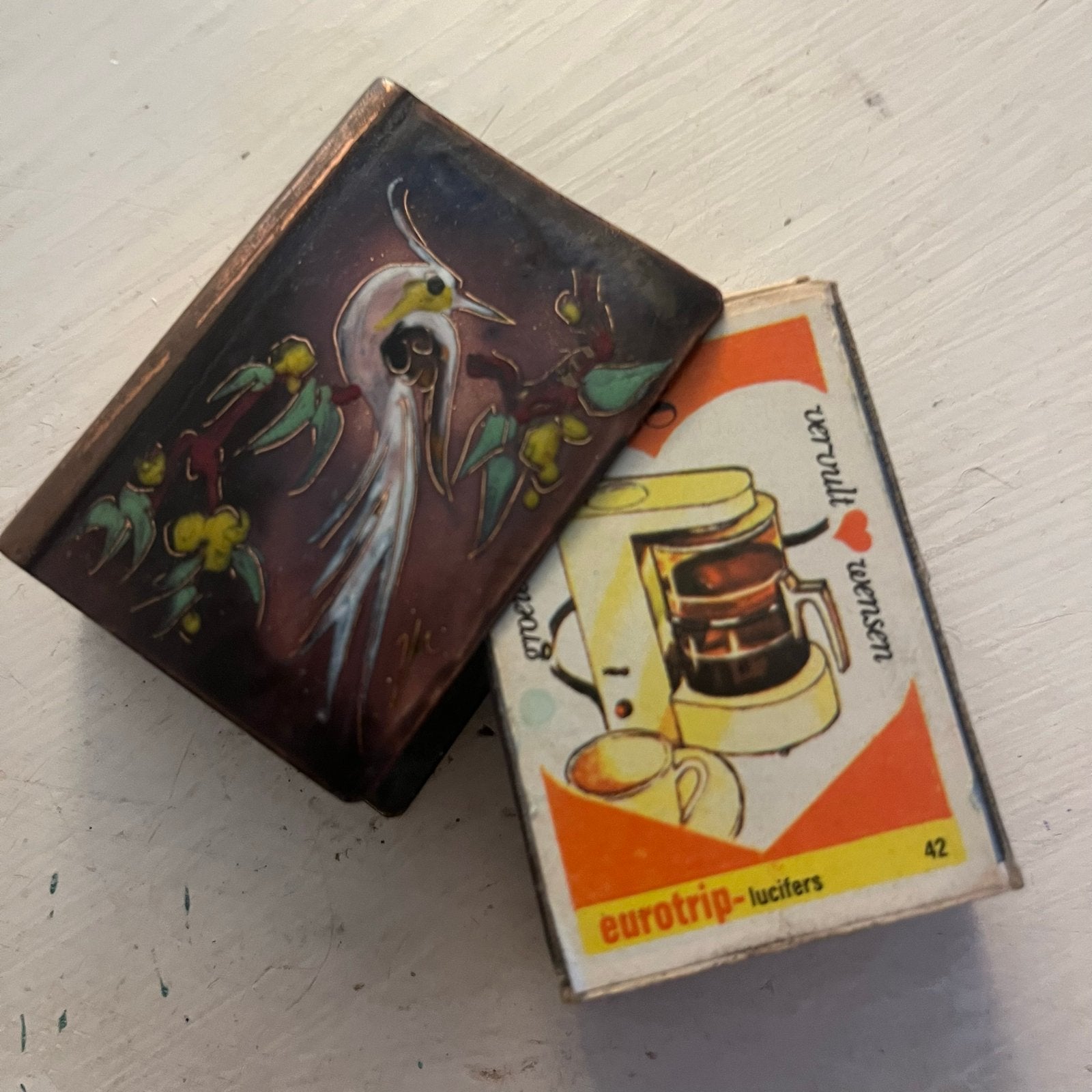 Vintage koperen luciferdoosje met vogeldecoratie, Antiek en Kunst, Ophalen
