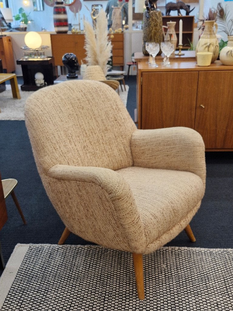 Vintage fauteuil ecru bouclé wol 70s, Ophalen, Gebruikt, ., Vintage
