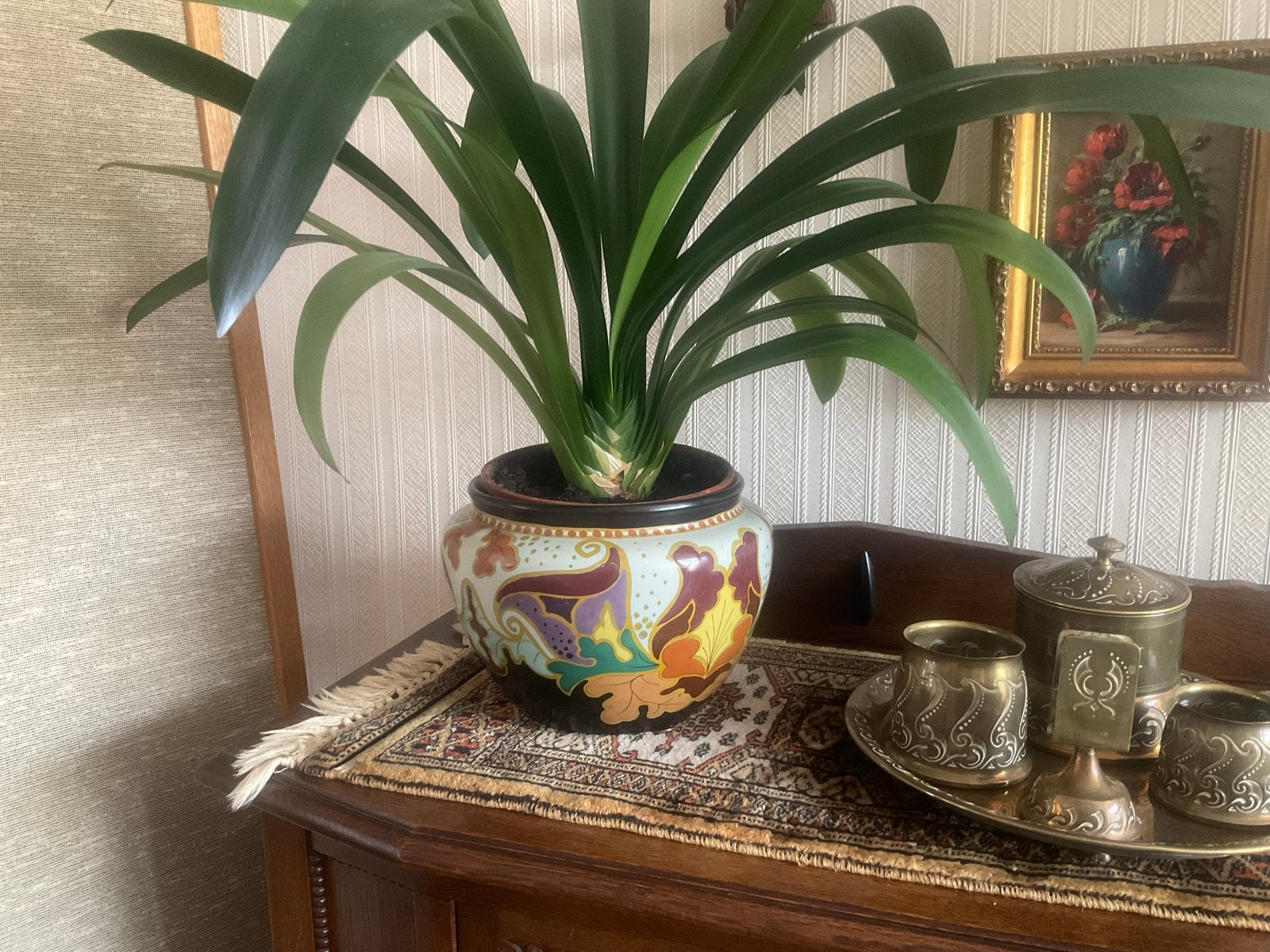 Platelen  bloempot met herfstbladeren, Antiek en Kunst, Antiek | Keramiek en Aardewerk, Verzenden