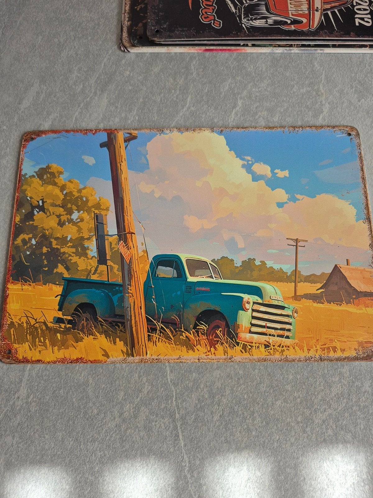 Vintage metalen reclamebord: Oude pick-up truck op het pl, Ophalen of Verzenden, Gebruikt, Reclamebord