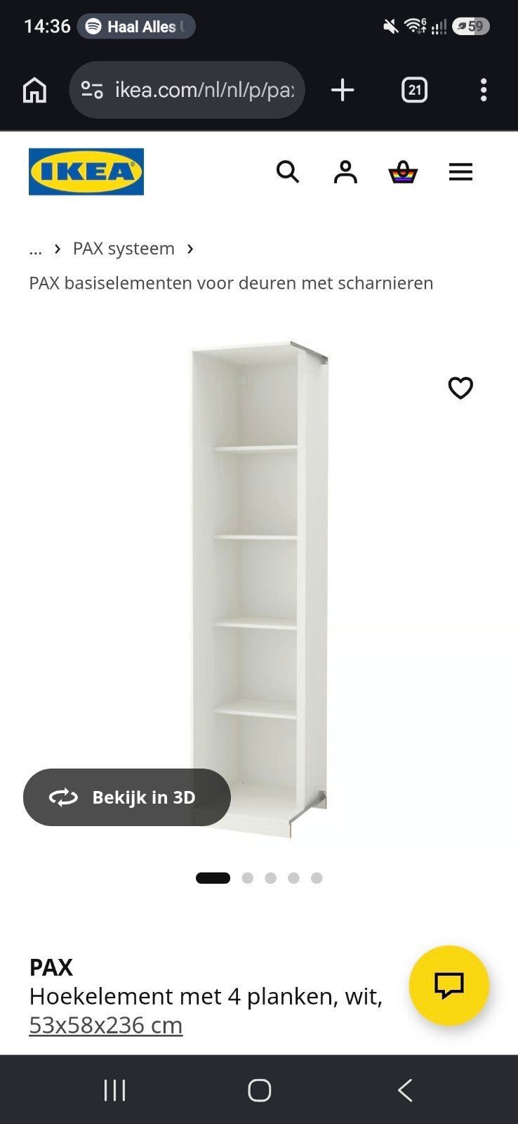 IKEA PAX Hoekkast element wit, nieuw in doos, Ophalen, 200 cm of meer, Nieuw, 50 tot 100 cm