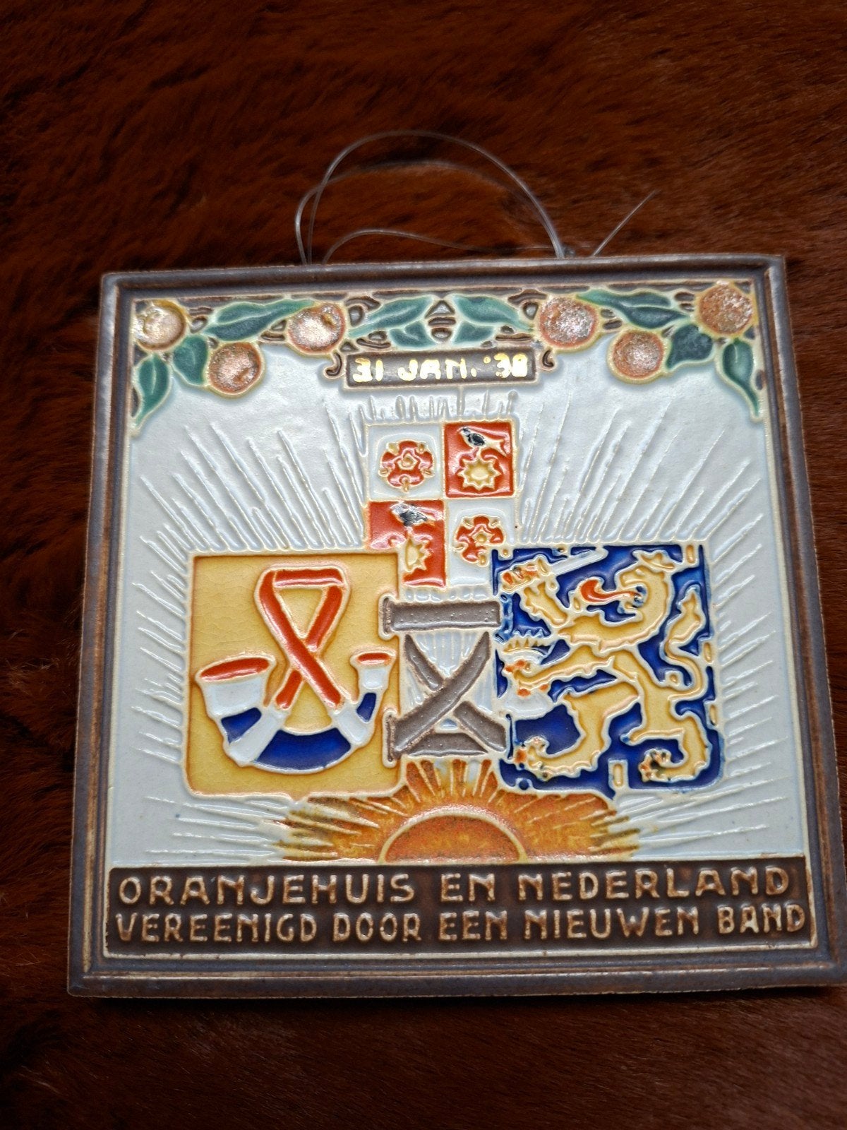 Cloisonne wandtegel Westraven Oranjehuis en Nederland 1938, Antiek en Kunst, Ophalen of Verzenden