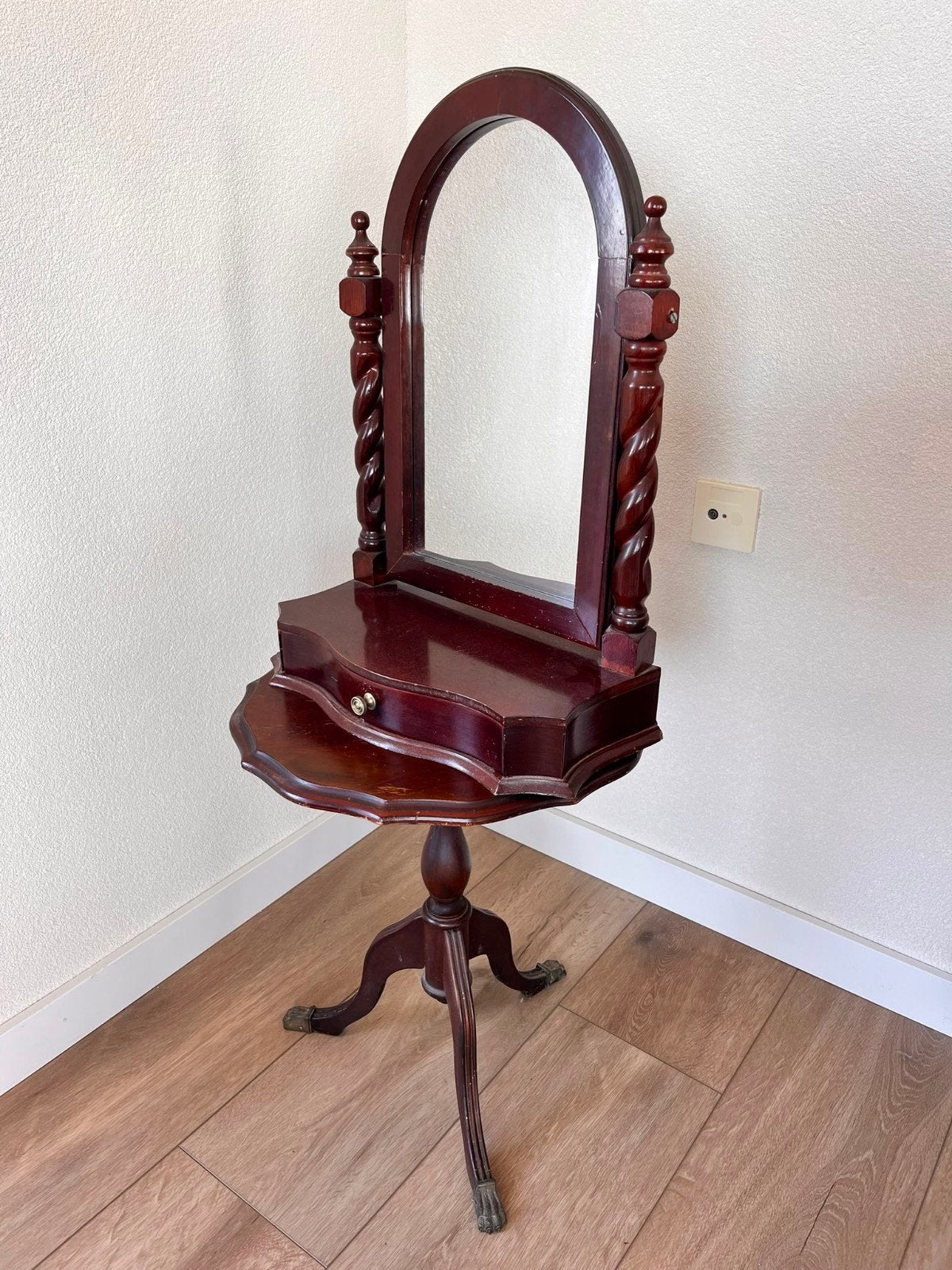 Antieke houten kaptafelspiegel met lades / scheerspiegel, Ophalen, Ovaal, Minder dan 50 cm, 100 tot 150 cm