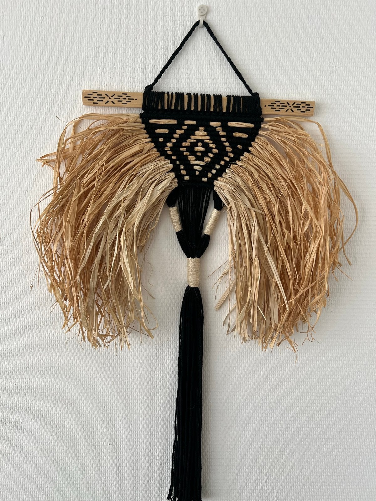 Boho wanddecoratie van raffia en macramé, Zwart, Boho, Ophalen of Verzenden, Zo goed als nieuw