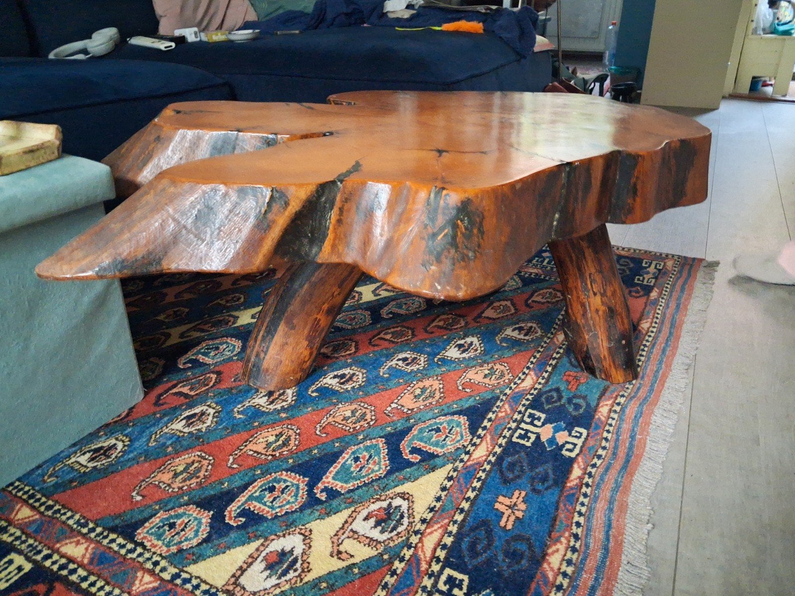 Unieke massief houten salontafel - landelijk/vintage, Gebruikt, 100 tot 150 cm, Landelijke, vintage, retro, bohemian, Overige vormen