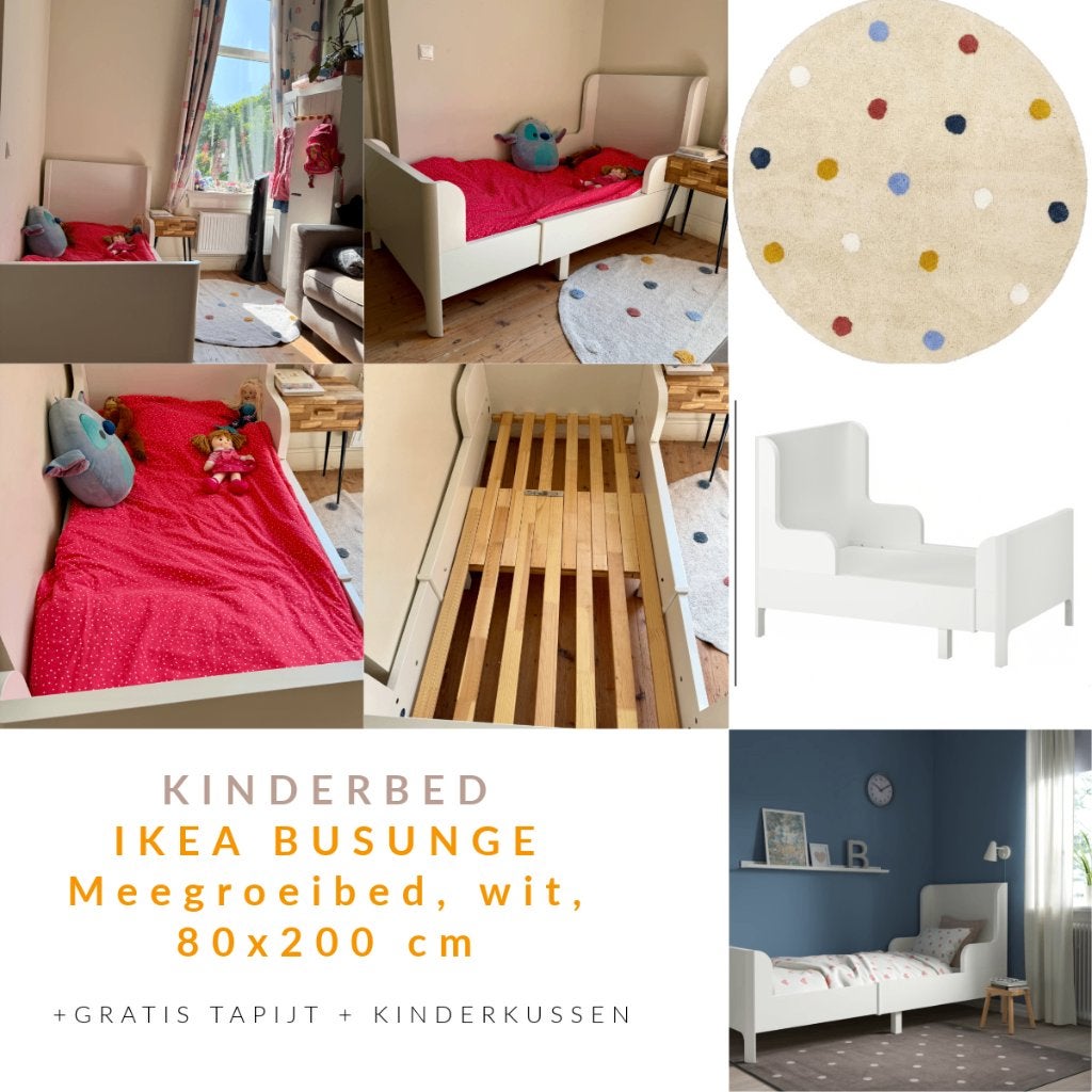 IKEA BUSUNGE meegroeibed wit 80x200 + gratis tapijt, Ophalen, 70 tot 85 cm, Zo goed als nieuw, Matras
