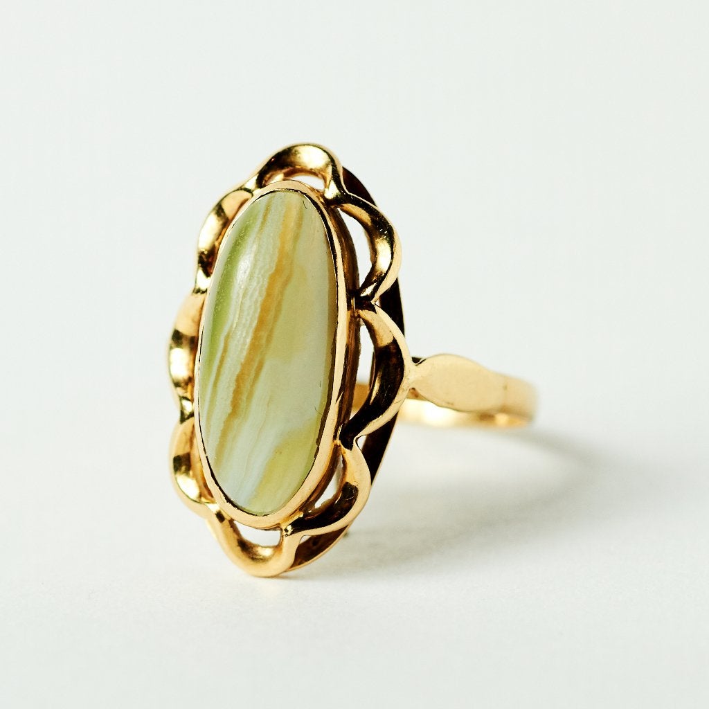 Vintage cocktailring statement gouden ring agaat 14 karaat, Ophalen of Verzenden, Zo goed als nieuw, 17 tot 18, Met edelsteen