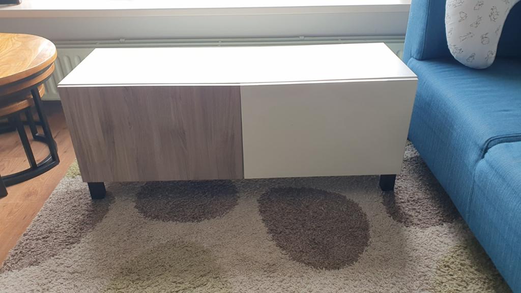Besta TV meubel, Ophalen, 100 tot 150 cm, Teakhout, Minder dan 100 cm