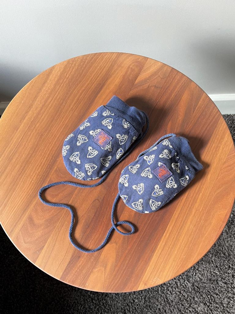 Blauwe gewatteerde baby wantjes met printje aan koord, Jongetje of Meisje, Wanten, Ophalen of Verzenden, Minimexx