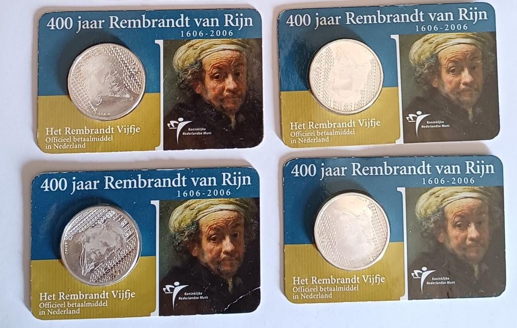 4x Het Rembrandt Vijfje 2006 - Zilveren €5 munt coincards, Postzegels en Munten, Setje, Koningin Beatrix, Zilver, Euro's