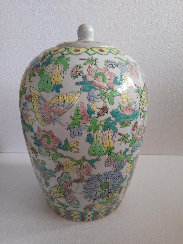 Chinese pot met deksel geel groen roze H 35 cm, Ophalen of Verzenden, Nieuw, Meerkleurig, Steen/keramiek