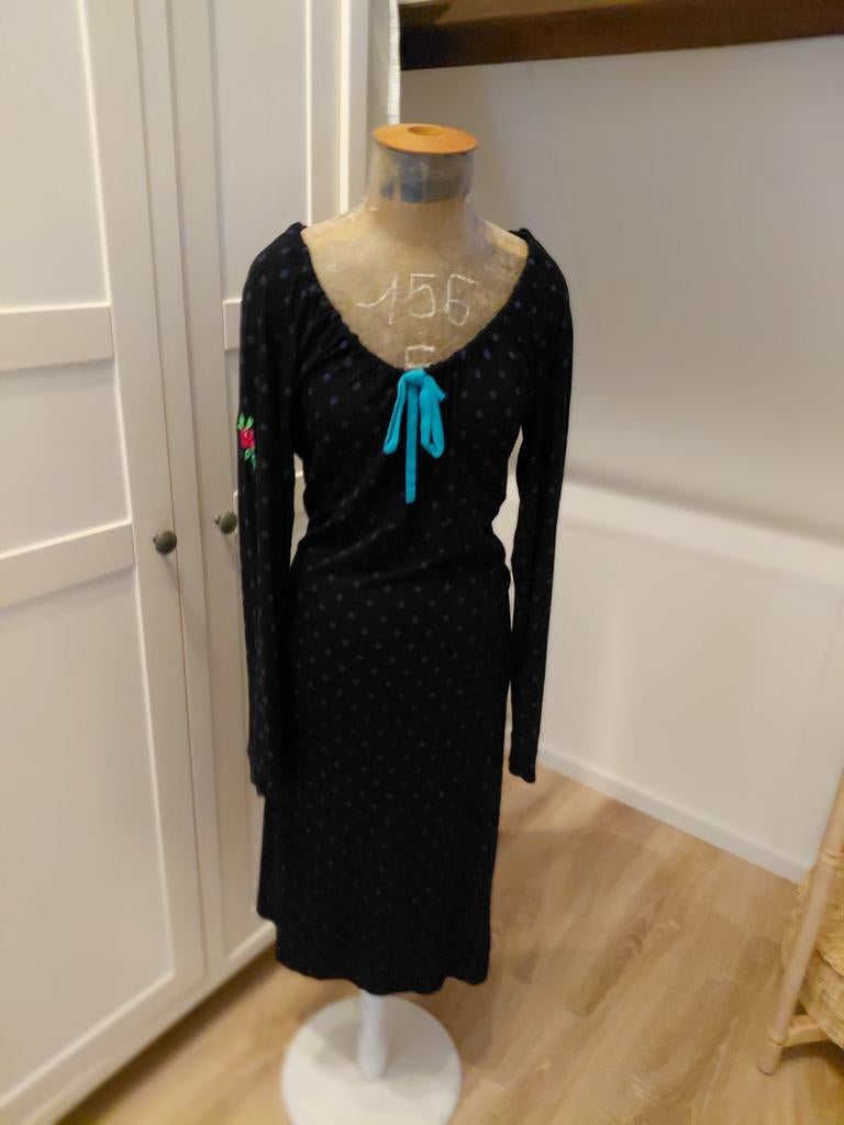Tante Betsy jurk zwart met stippen en bloemen maat S, Tante Betsy, Zwart, Ophalen of Verzenden, Knielengte