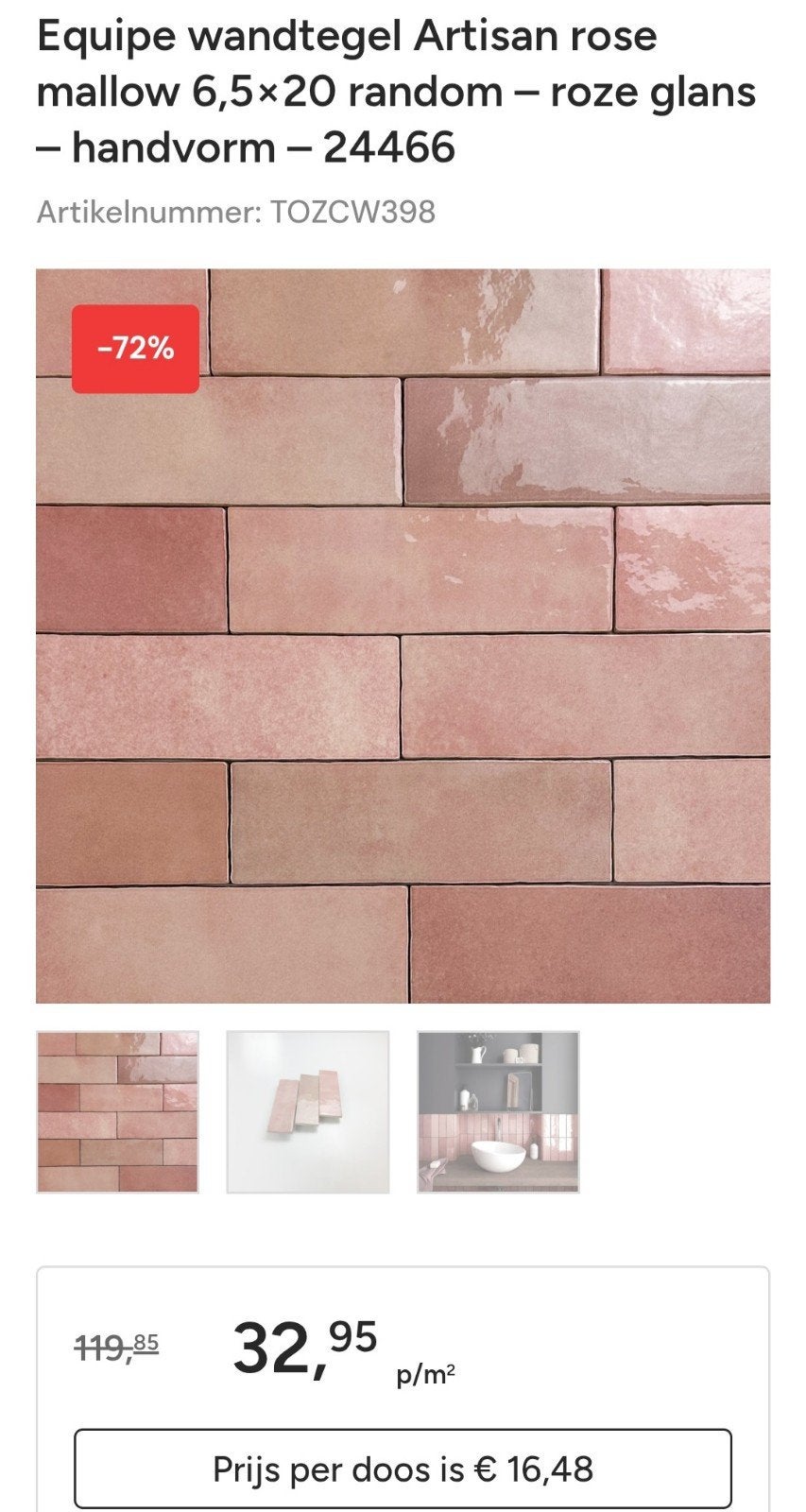 Equipe Artisan Rose Mallow wandtegels 1,5 m², Doe-het-zelf en Verbouw, Tegels, Ophalen