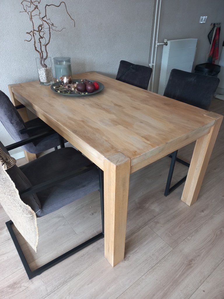 Massief houten licht eiken eettafel, Ophalen, Gebruikt, Eikenhout, 200 cm of meer
