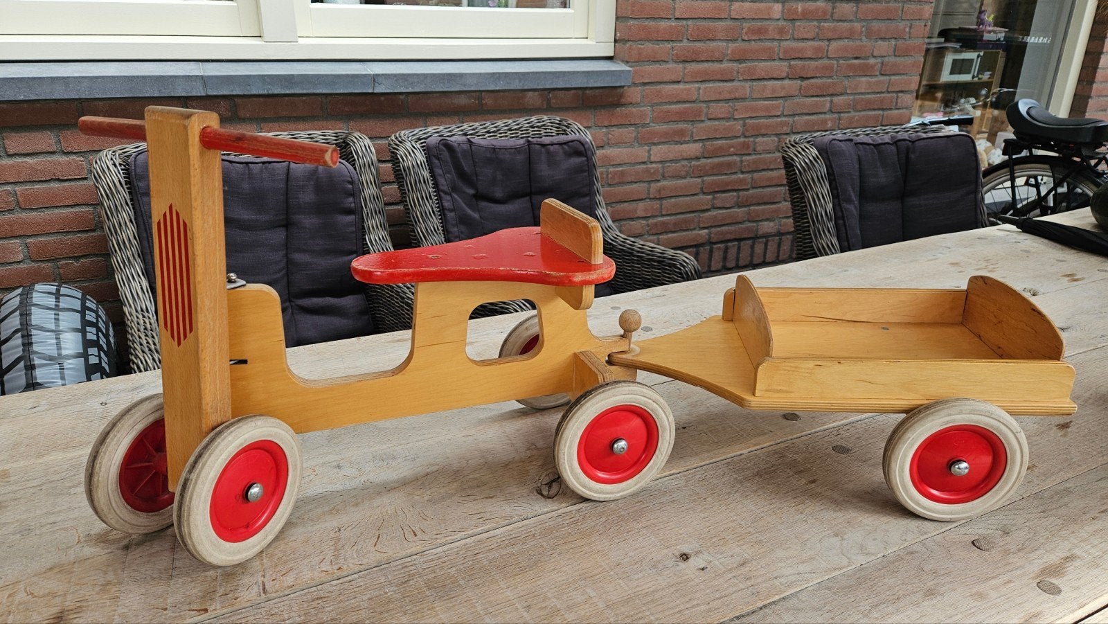 Houten loopfietsje met aanhanger loopfiets loop fiets, Ophalen, Gebruikt, Overige merken