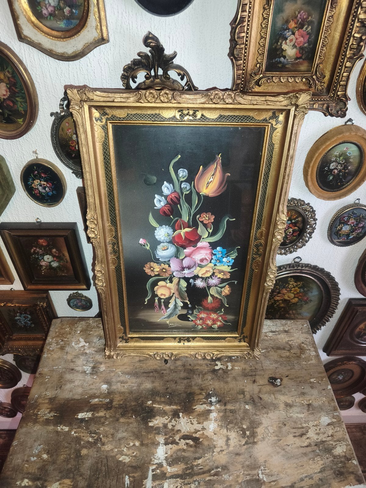 Olieverf schilderijtje olieverfschilderijtje bloemen M65, Antiek en Kunst, Curiosa en Brocante, Ophalen of Verzenden