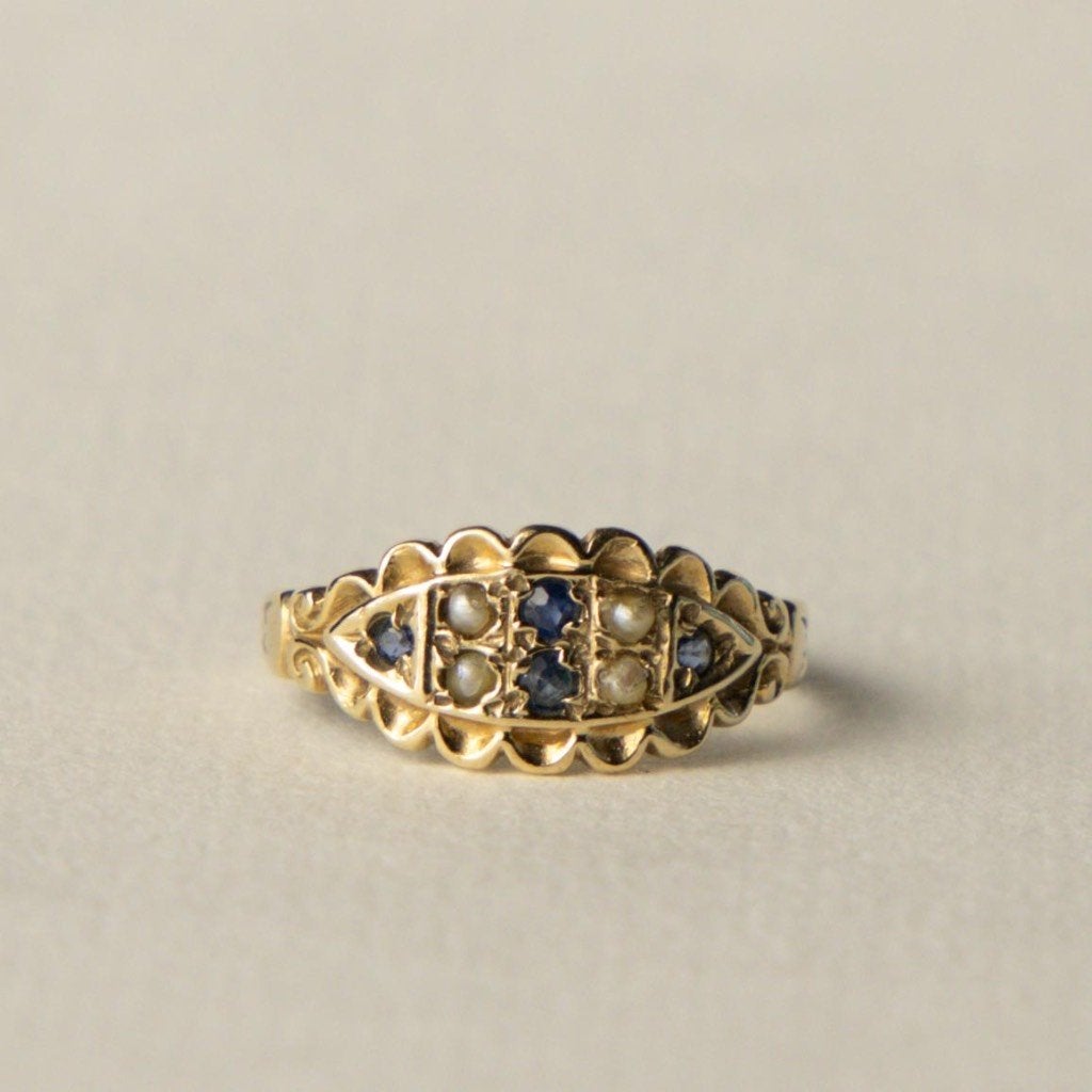 vintage 9 karaat gouden gypsy ring parel en saffier 1987, Met edelsteen, Verzenden, Nvt, Dame