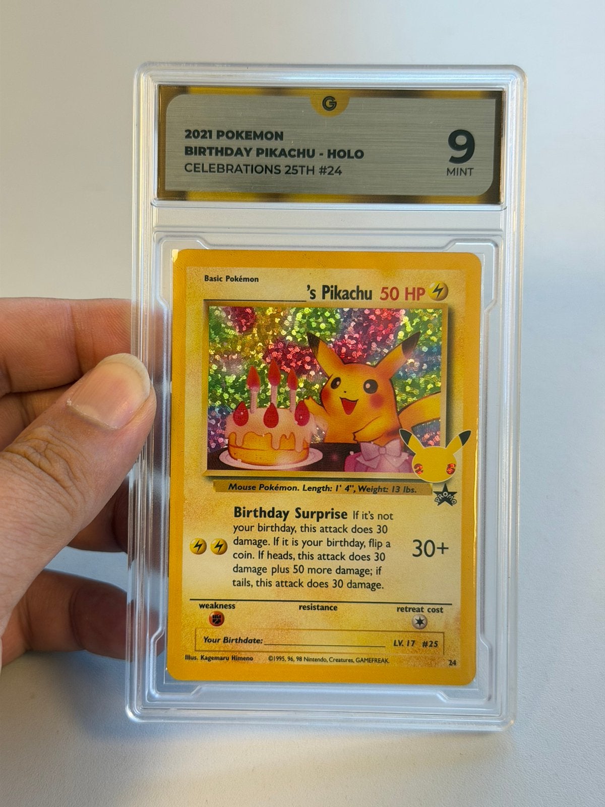Birthday Pikachu Holo 2021 Celebrations #24 Grade 9 slab, Ophalen of Verzenden, Zo goed als nieuw, Losse kaart, Foil