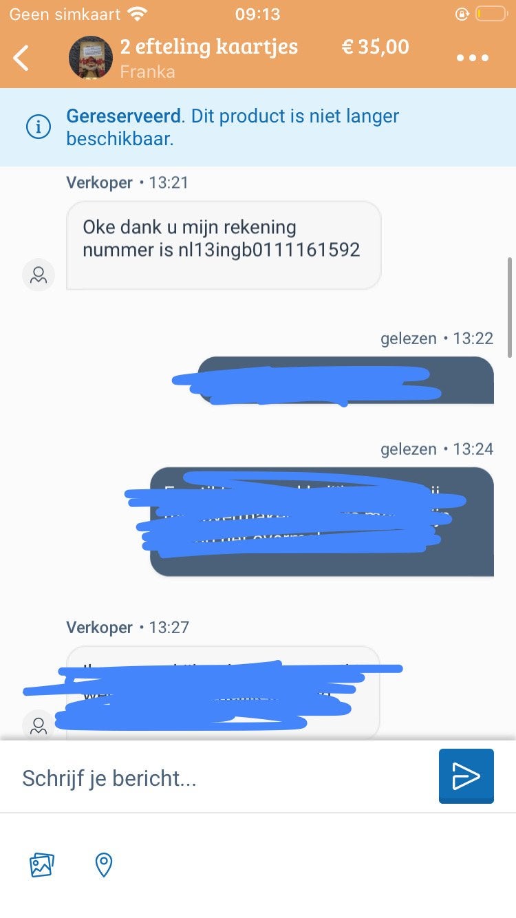 Oplichter: Pas op met dit rekeningnummer (Efteling tickets), Ophalen of Verzenden