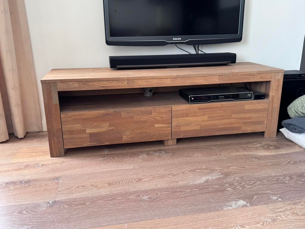 Eiken grey wash tv meubel 150x45 en hoogte 47 cm, Ophalen, 100 tot 150 cm, Eikenhout, Minder dan 100 cm
