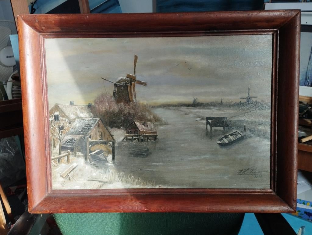 Mooi schilderij met houten lijst afm ca 42x57 cm, Ophalen of Verzenden