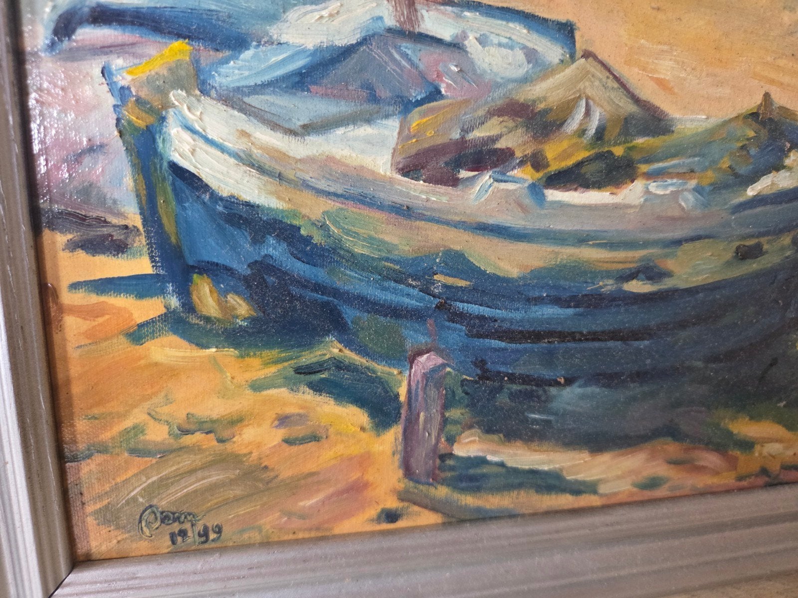 Schilderij: Vissersboot op strand, gesigneerd en gedateerd, Antiek en Kunst, Kunst | Schilderijen | Klassiek, Ophalen, Maritiem / water
