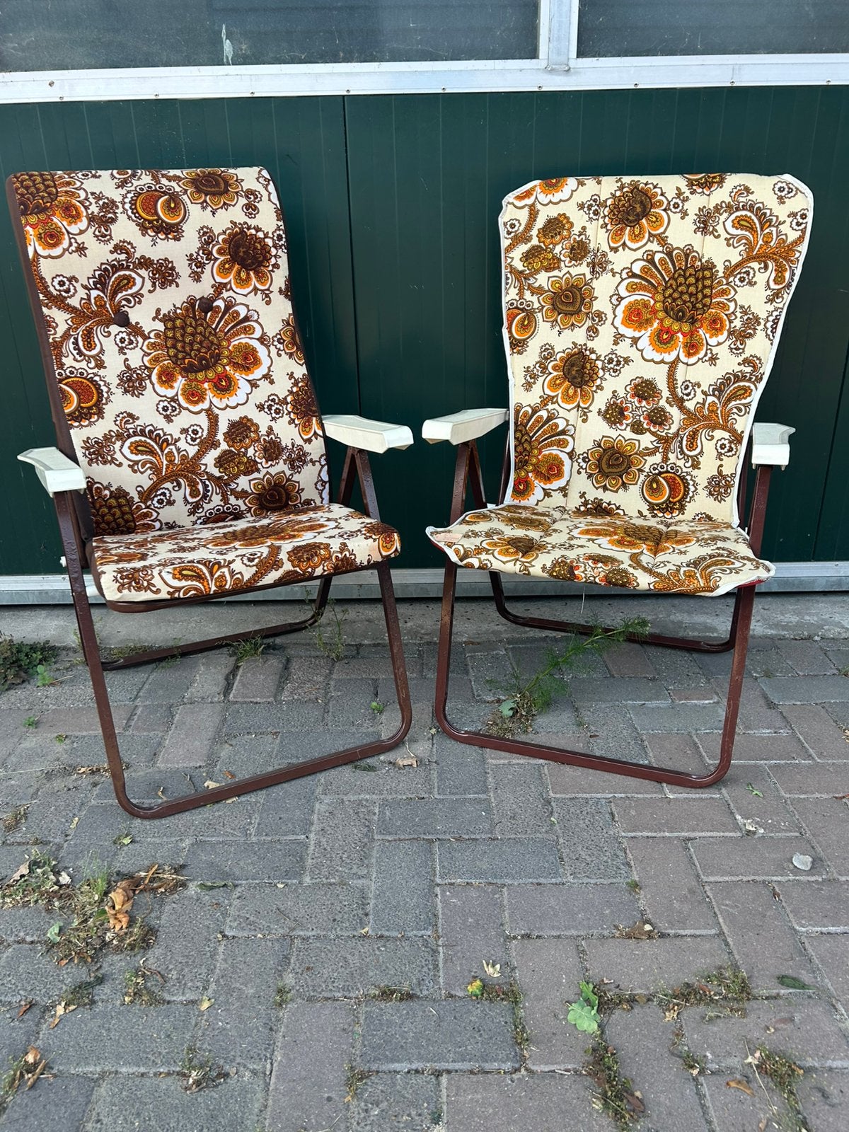 2 vintage jaren 70 tuinstoelen met gele bloemen, Ophalen, ?, Zo goed als nieuw, ?