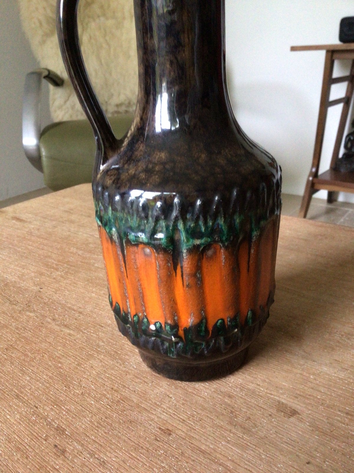 Vintage West Germany vaas, bruin orange, groen., Ophalen of Verzenden