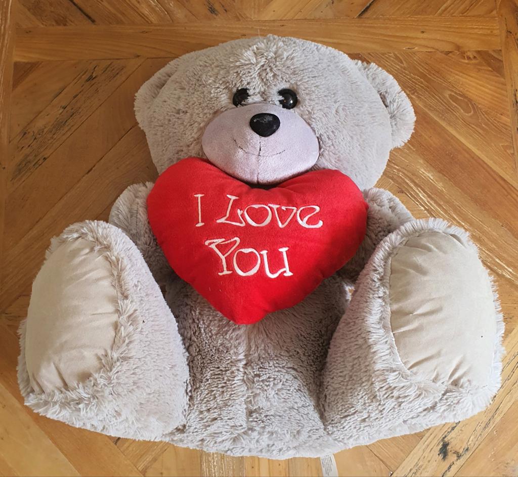 Grote Berenknuffel met 'I Love You' Hart, Kinderen en Baby's, Speelgoed | Knuffels en Pluche, Ophalen, Beer, Grijs, Zo goed als nieuw