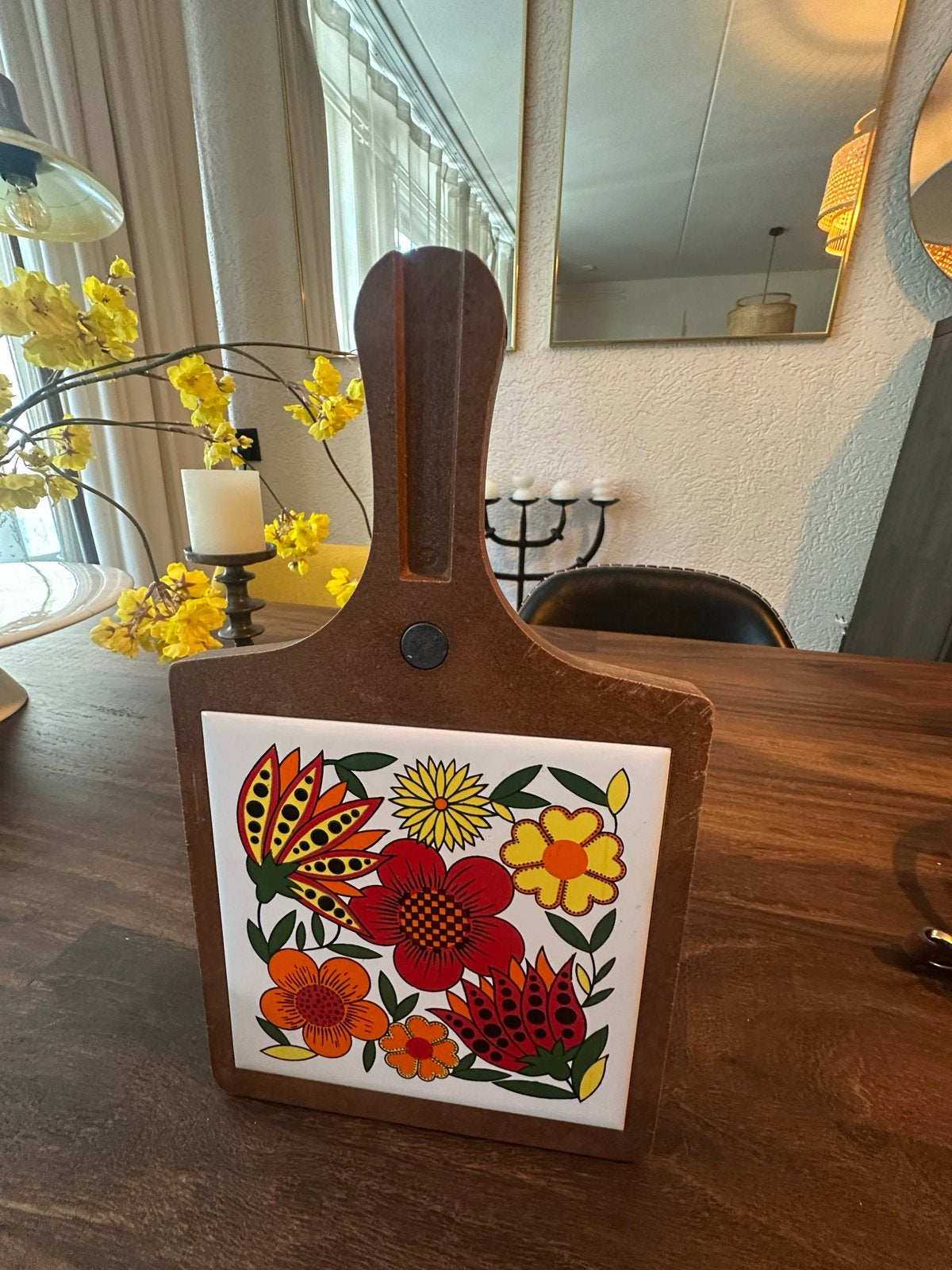 Vintage onderzetter/snijplank met bloemmotief, Ophalen of Verzenden