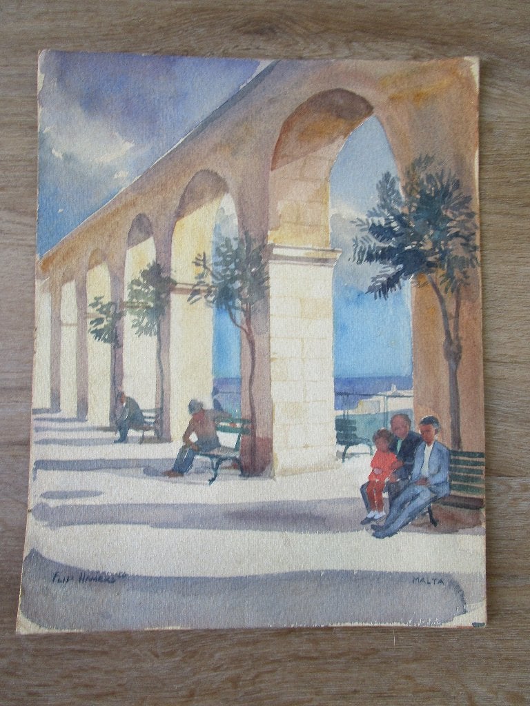 Aquarel op papier van Flip Hamers-1909-1995 - Malta 1950, Origineel werk, Verzenden, Impressionistisch, Aquarel