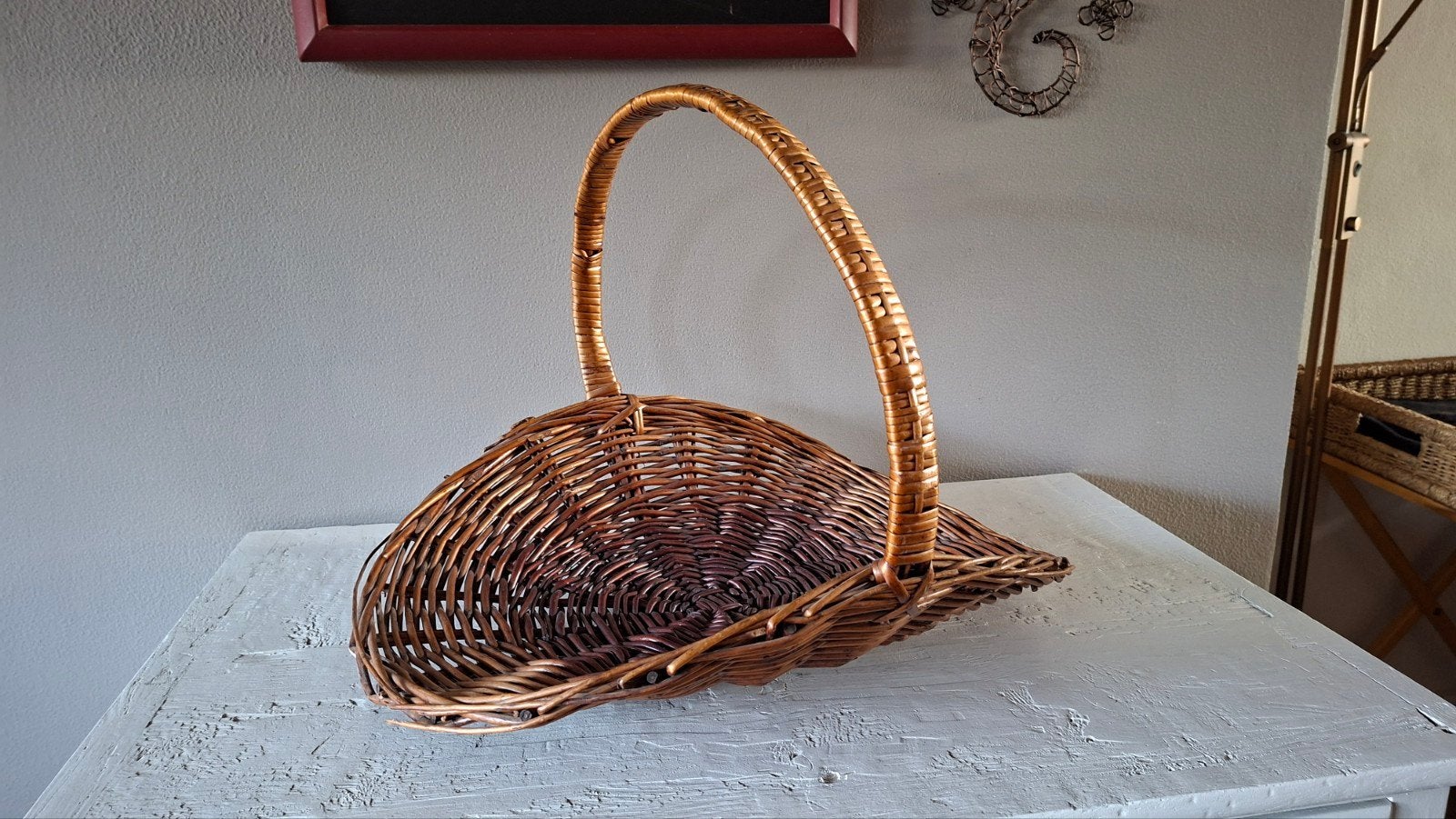 Grote Vintage rieten plukmand/ oogstmand boho, Gebruikt, Mand, Ophalen of Verzenden, Riet