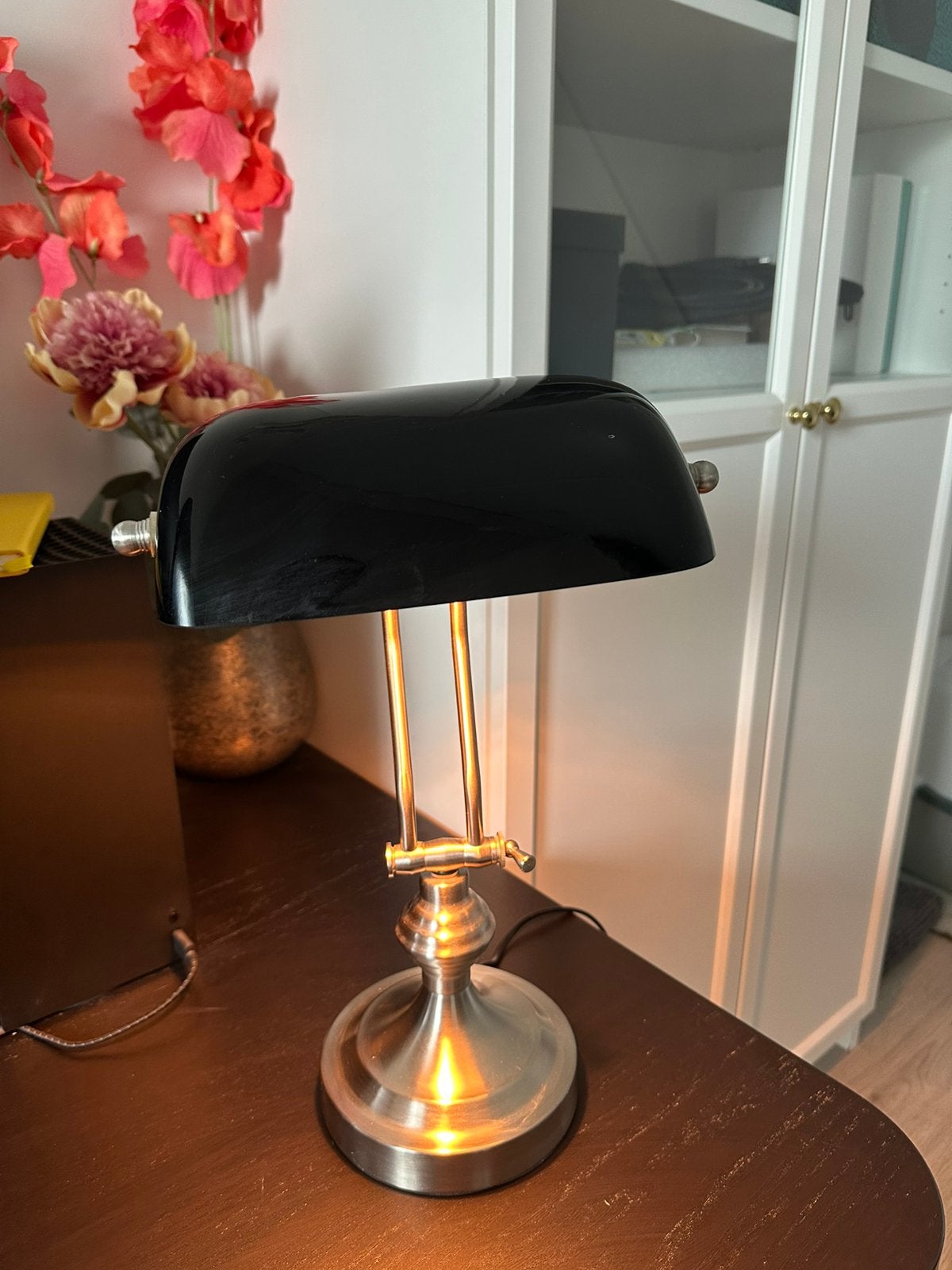 Bankierslamp / Notarislamp Zwart met Chromekleurige Voet, Ophalen, Gebruikt, Zwart, Bankierslamp
