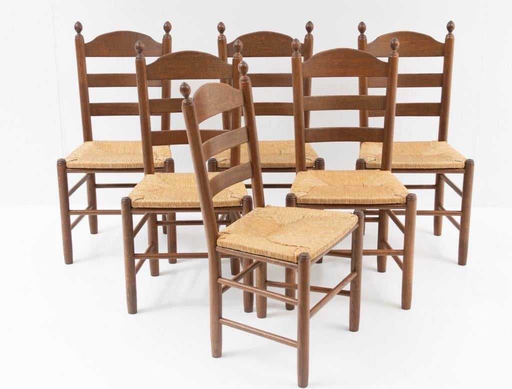 Set van 6 rustieke houten stoelen met rieten zitting, Huis en Inrichting, Stoelen, Gebruikt, Vijf, Zes of meer stoelen, Hout, Bruin