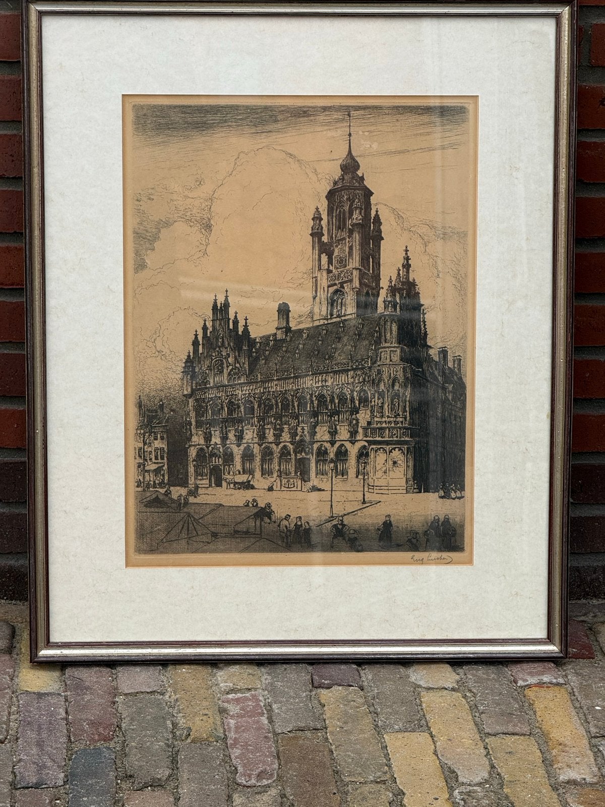 Ets van Eugene Lücker: Stadhuis van Middelburg, Antiek en Kunst, 57 cm, Ets, Stadsgezicht, Ophalen of Verzenden